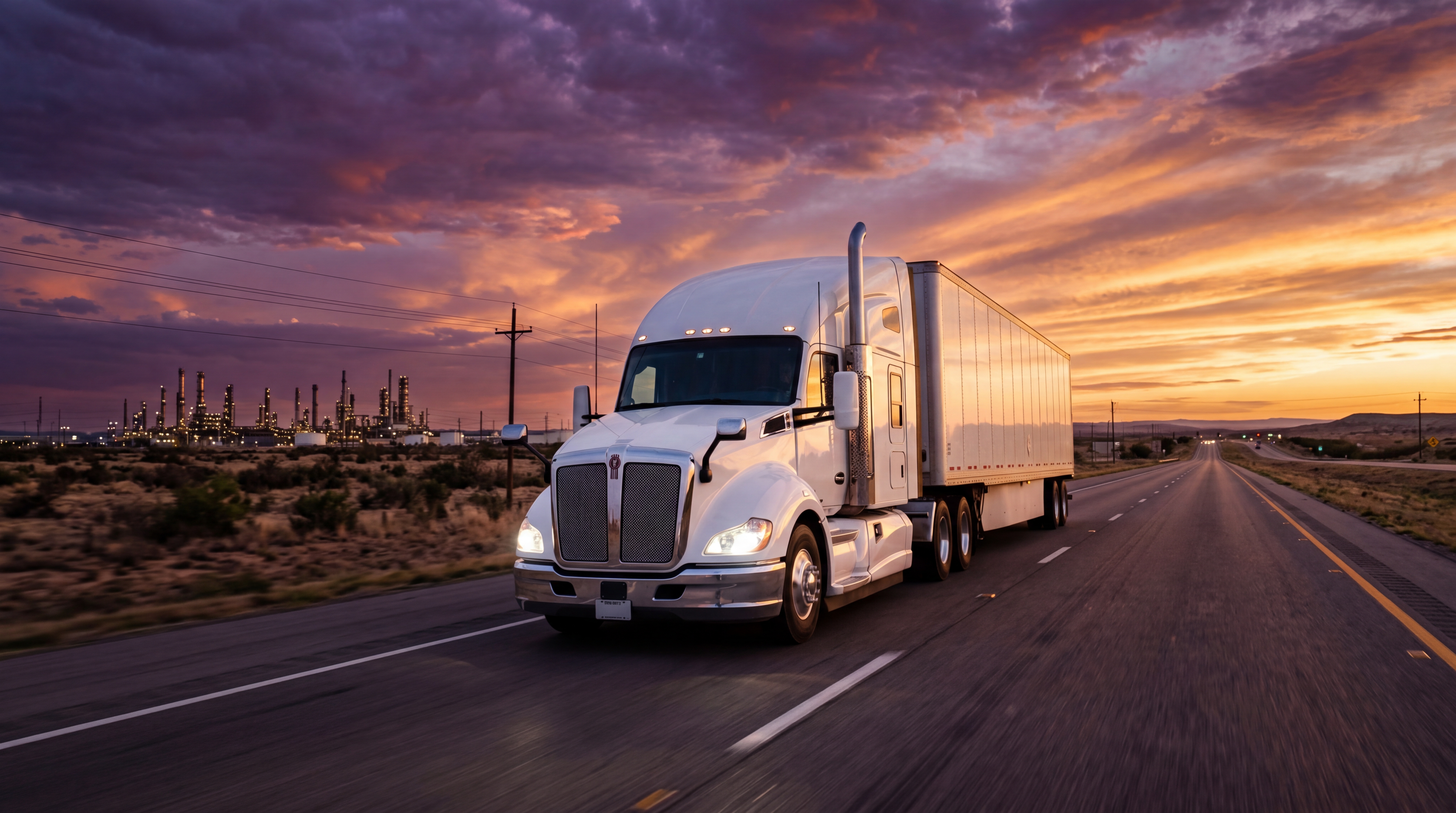 Semi truck on the highway at sunset
