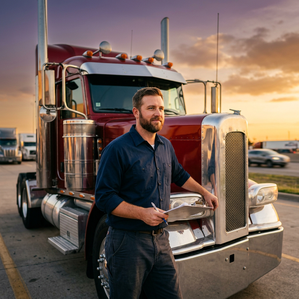Owner-operator standing in front of his commercial truck