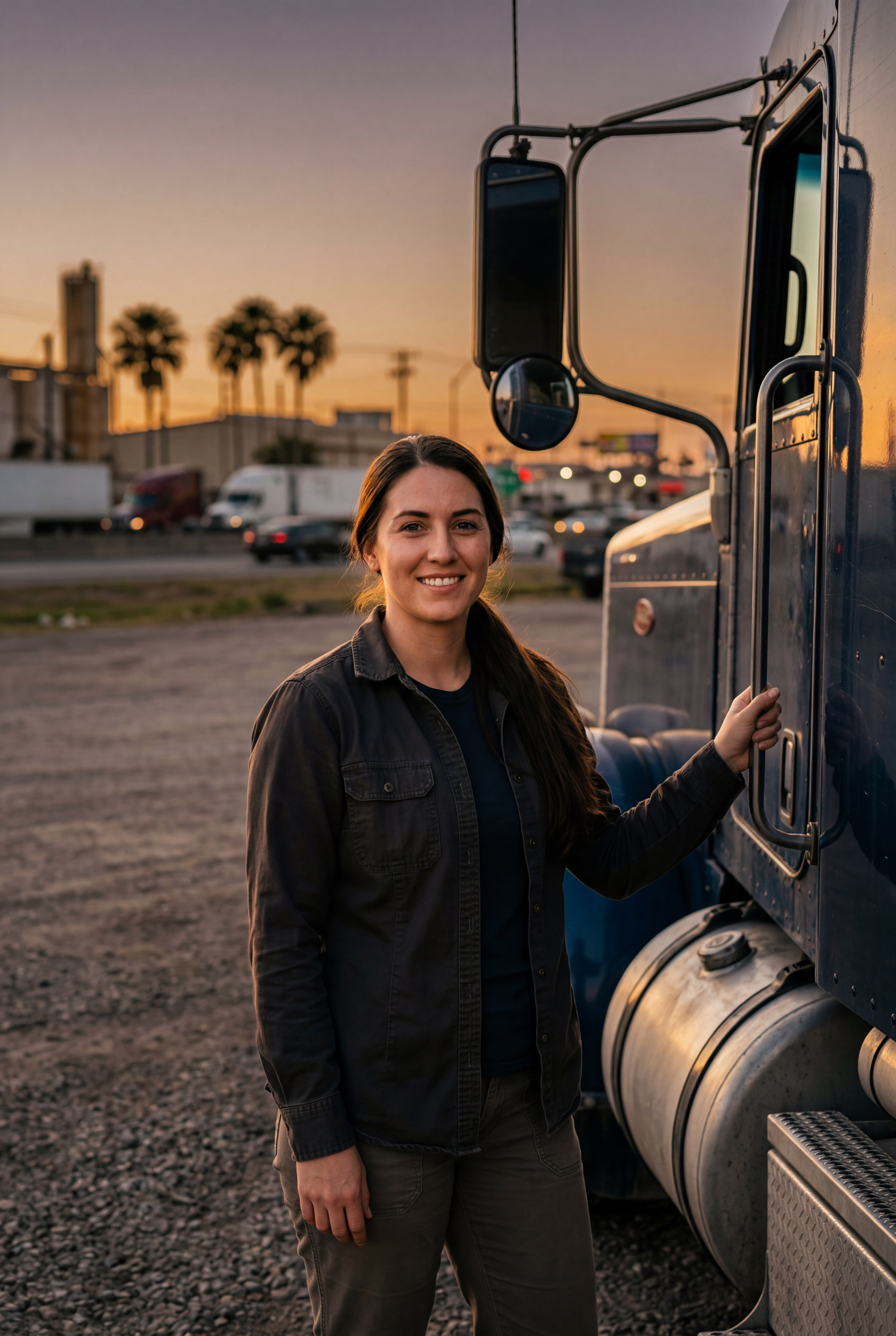 Latina owner-operator beside her semi-truck in Brownsville Texas