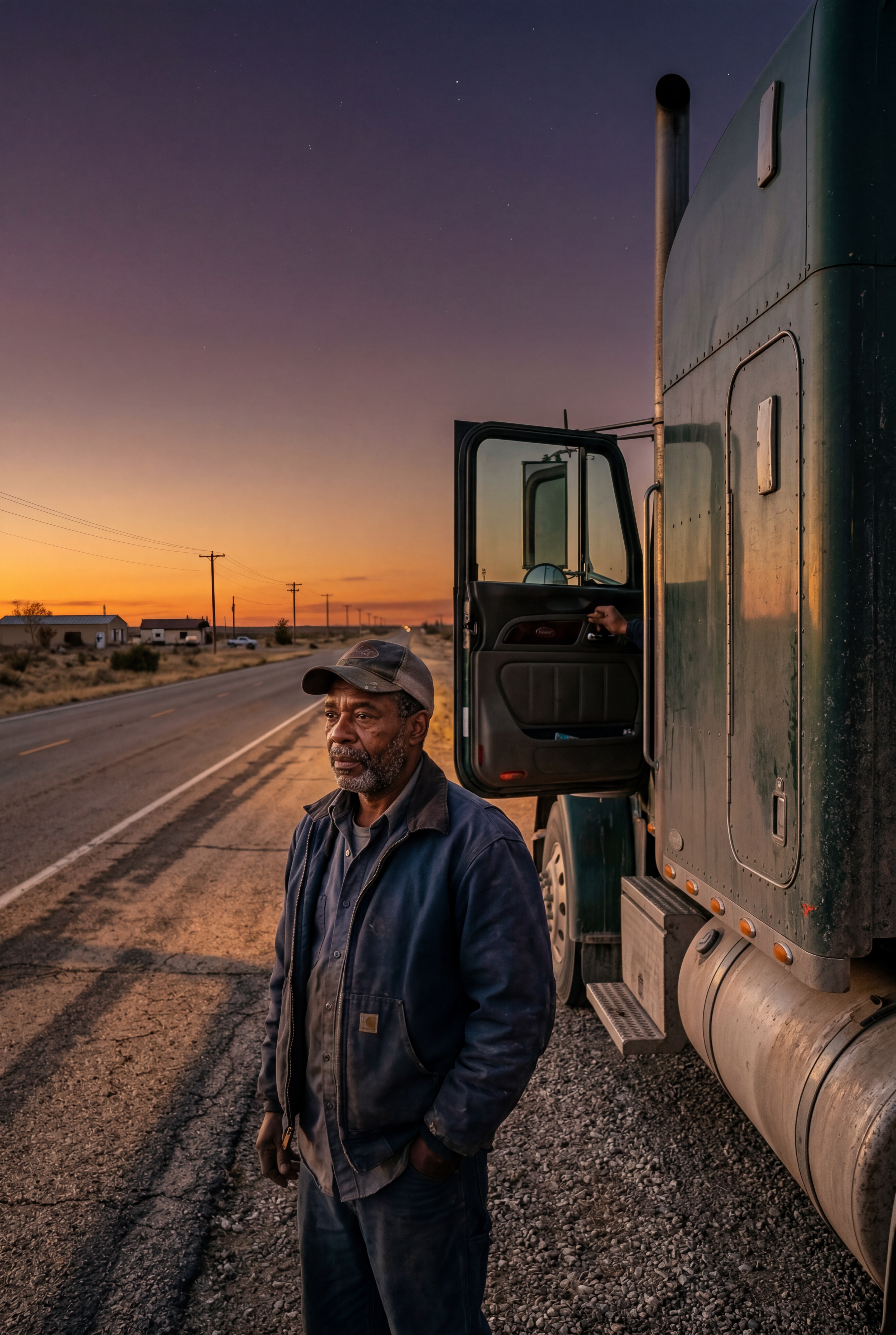 Long-haul trucker on the road at dusk